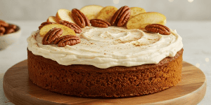 Image of an apple spice cake on a stand, covered in icing and pecans.
